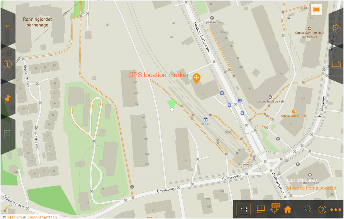 Your GPS position will show in the centre of the view 
