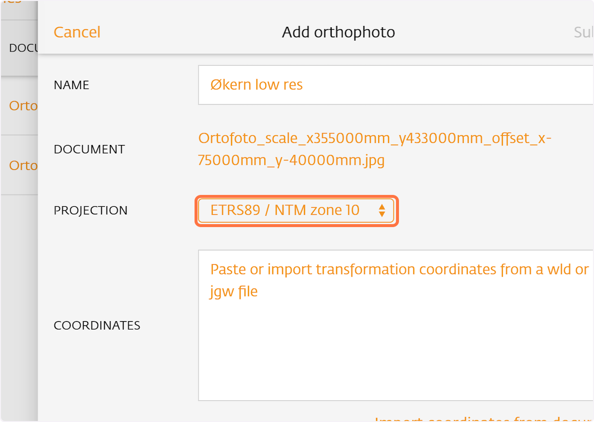 Select the correct coordinate system for the orthophoto from PROJECTION