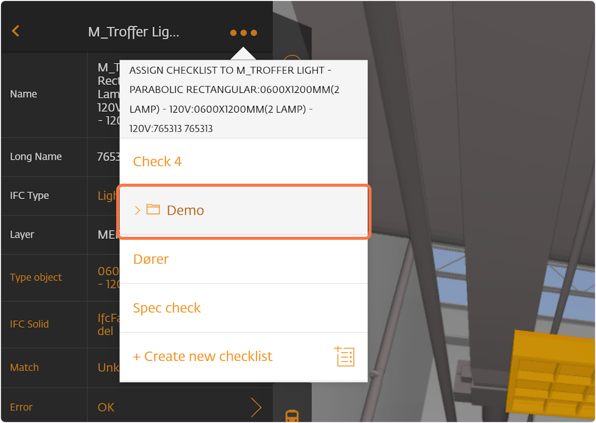 Select the checklist you want the object to be attached to