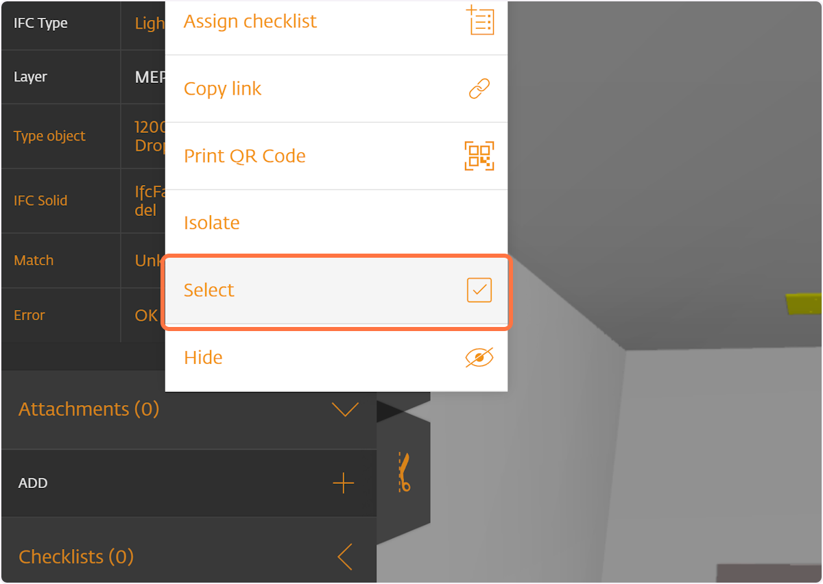 The Select action opens a submenu for specifying your selection