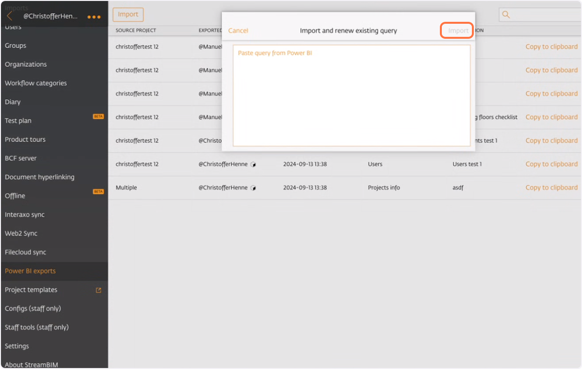 Paste the copied PowerBI query and click "Import"