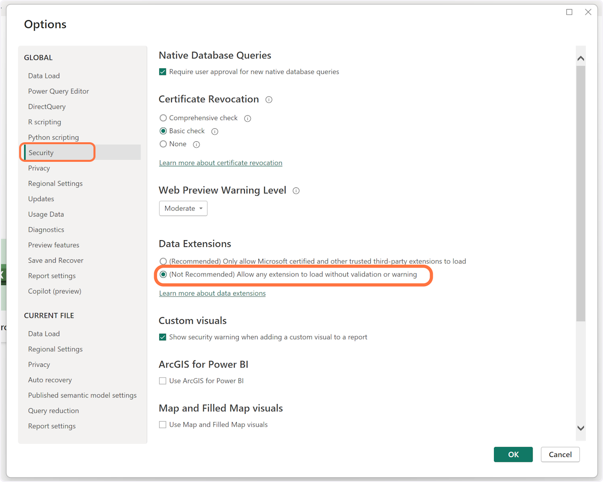 Navigate to security settings and select the option to allow Data Extension loading