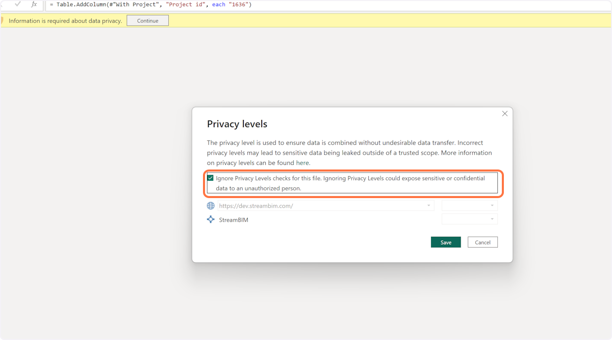 Choose to Ignore Privacy Level and Click "Save"
