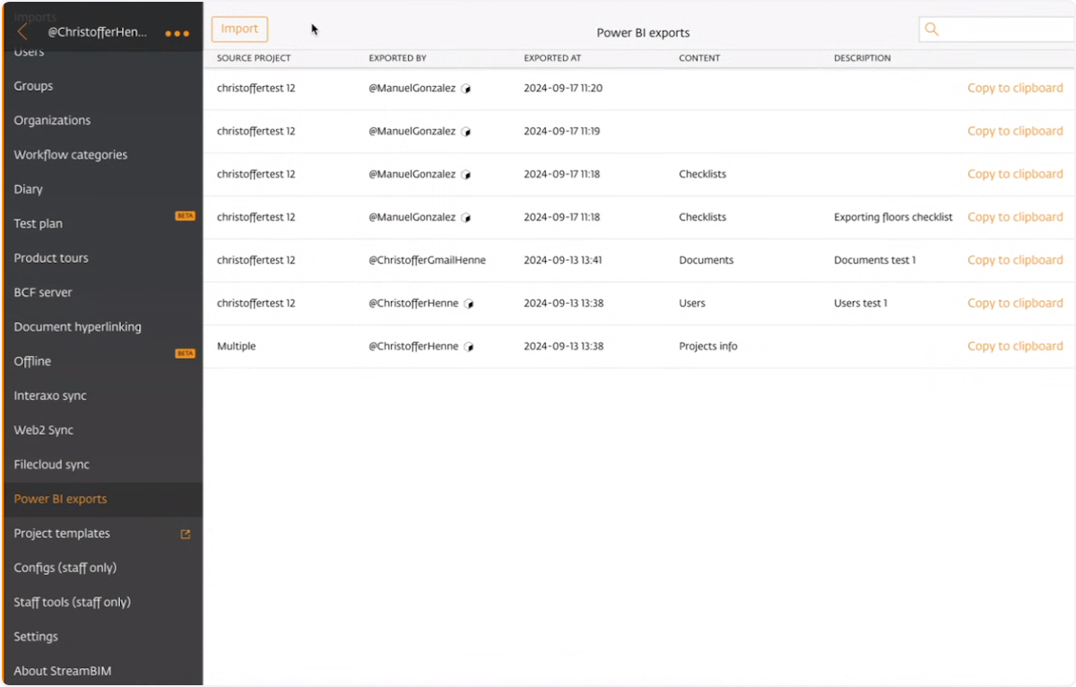 Overview of all your PowerBI Export within StreamBIM 