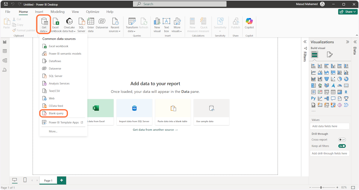 Reopen PowerBI Desktop and select Data Source "Blank Query.”