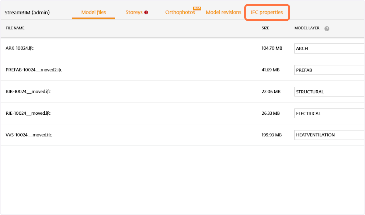 Open IFC properties tab